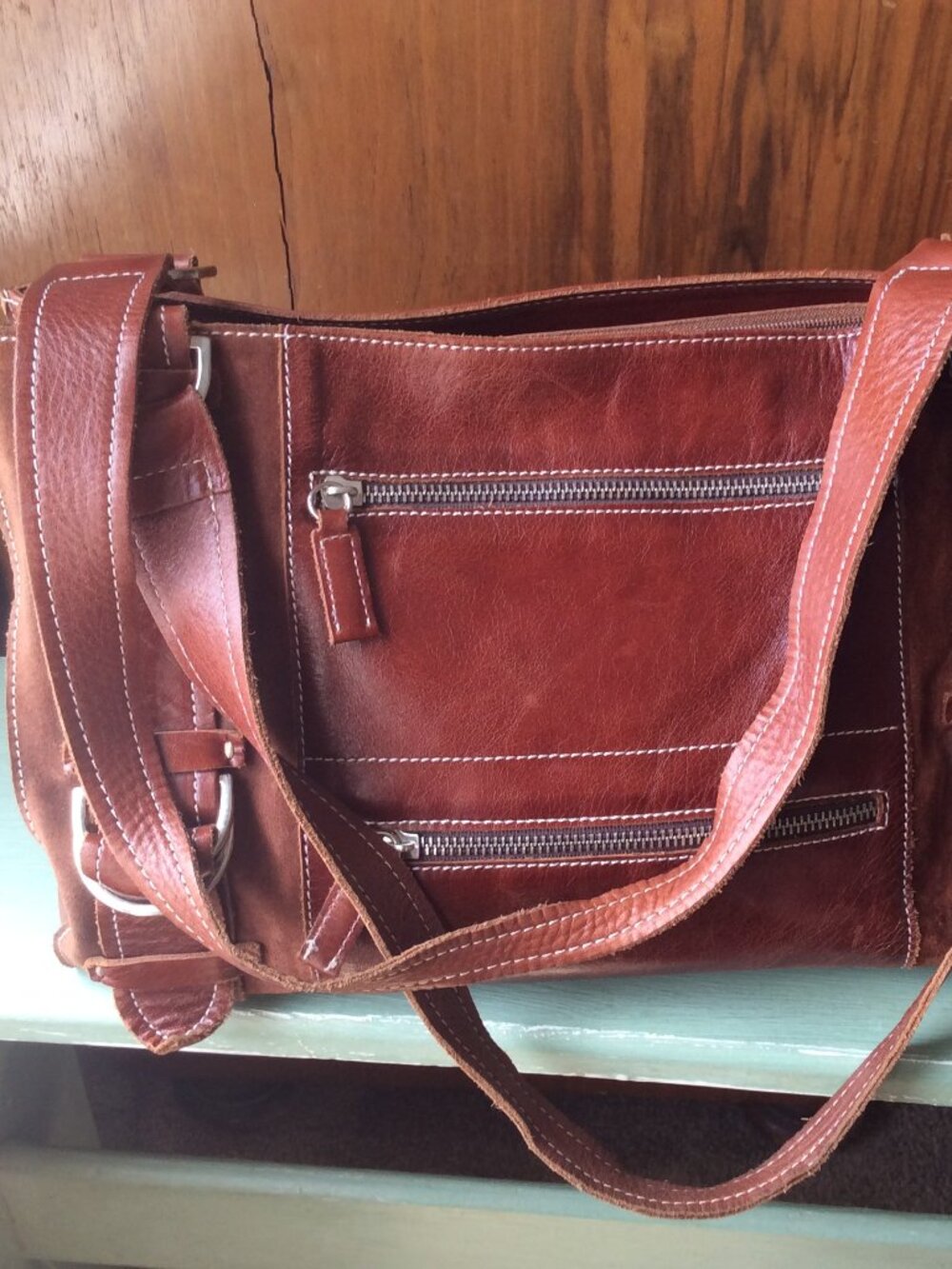 Arcadia Leather Shoulder Tote, Brown leather with contrast white stitching